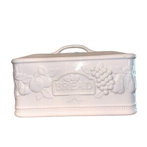 White Ceramic Bread Box With Fruit Embossed Design Made In Portugal 14"L x 7"W x